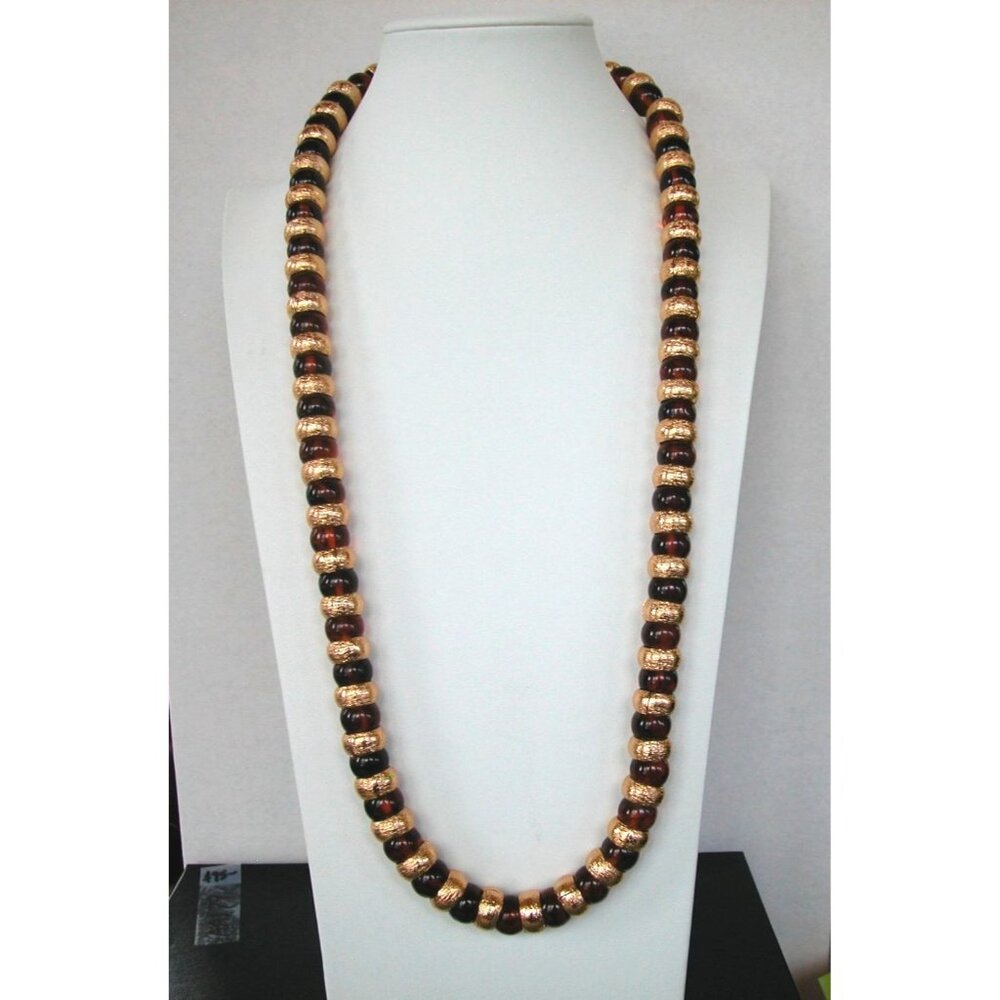 Vintage Acrylic Amber Beads & Gold Tone Metal Accents Necklace